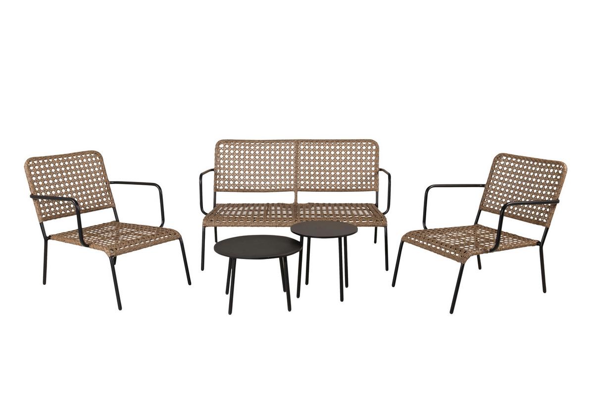 Loungegarnitur Paola 5-tlg. Rattan geflecht - Dunkelgrau/Schwarz, KONVENTIONELL, Naturmaterialien/Holz - Gardenson