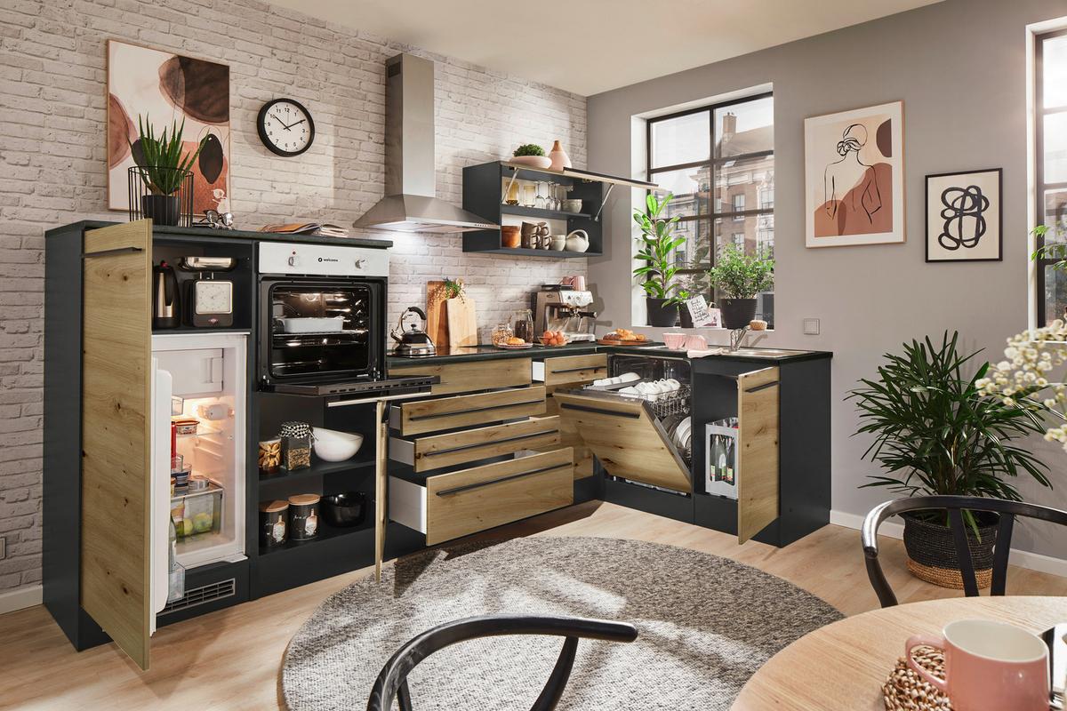 Eckküche Jazz mit Geräten ca.320x175cm Eiche/Anthrazit - Anthrazit/Schwarz, Basics, Holzwerkstoff/Kunststoff (320/175cm) - P & B
