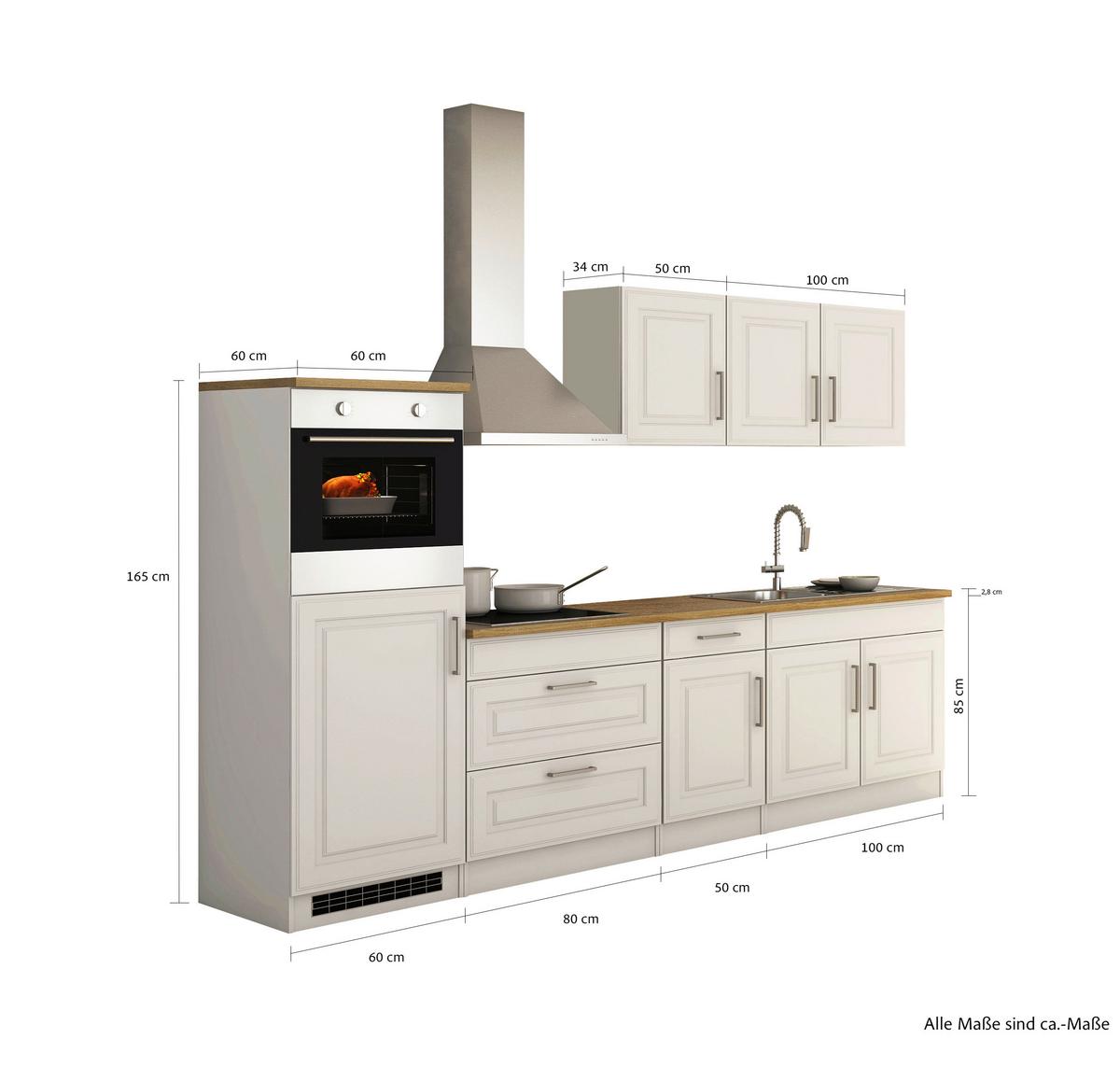Küchenblock Rom m. Geräten Weiß/Eichefarben - Alufarben/Weiß, MODERN, Holzwerkstoff/Metall (290cm) - Held