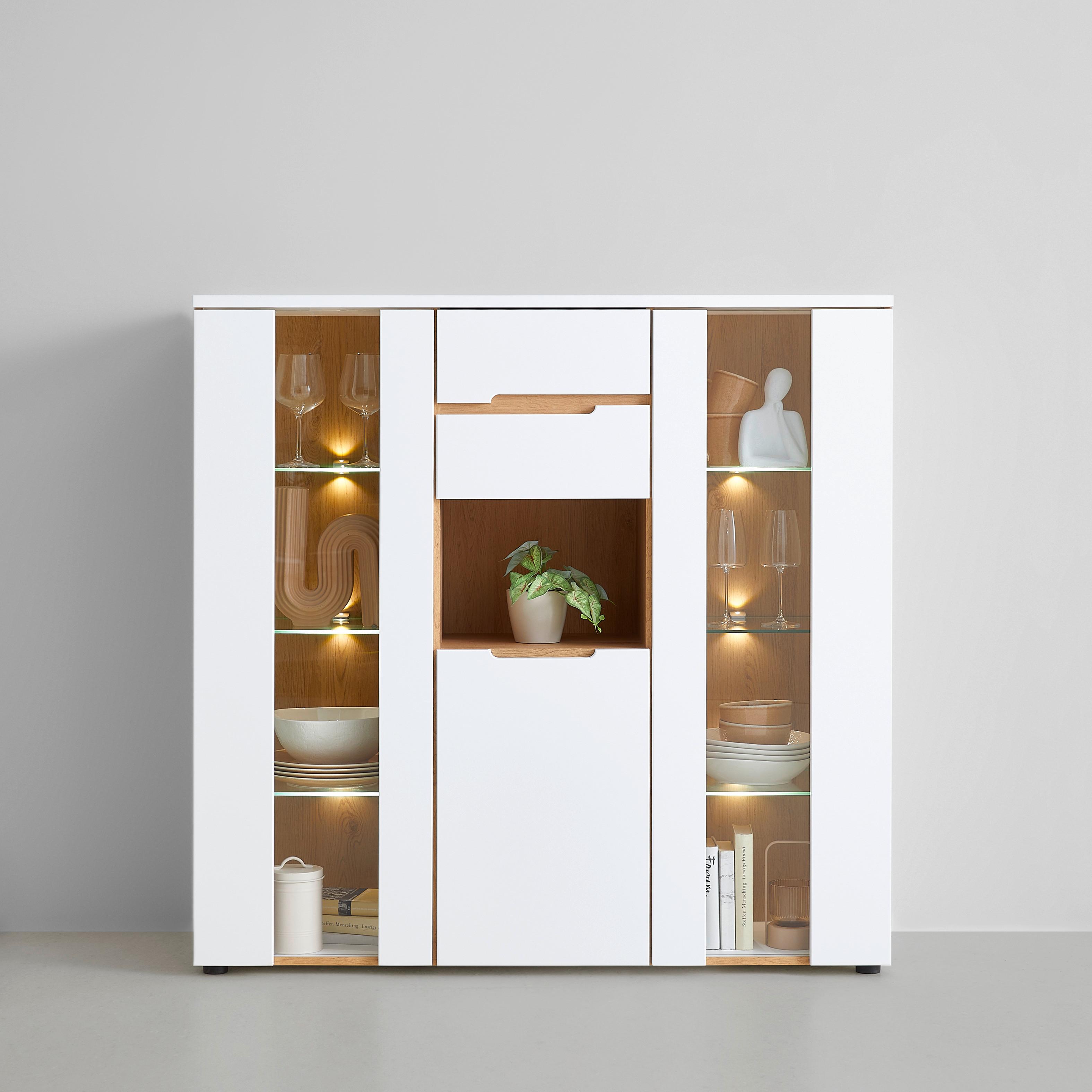 Highboard Dallas Weiß/Eiche Artisan - Schwarz/Weiß, MODERN, Holzwerkstoff (130/127/38cm) - Mömax