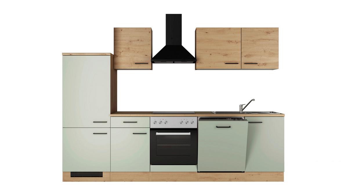 Küchenblock Cara m. Geräten Schilfgrün - Schilfgrün/Schwarz, Trend, Holzwerkstoff/Metall (280cm) - FlexWell