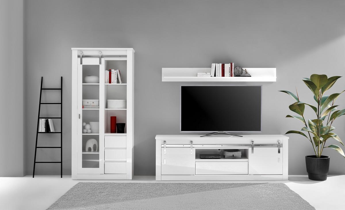 Wohnwand Daytona Weiß - Chromfarben/Weiß Hochglanz, Design, Holzwerkstoff/Metall (309/200/43cm) - Livetastic