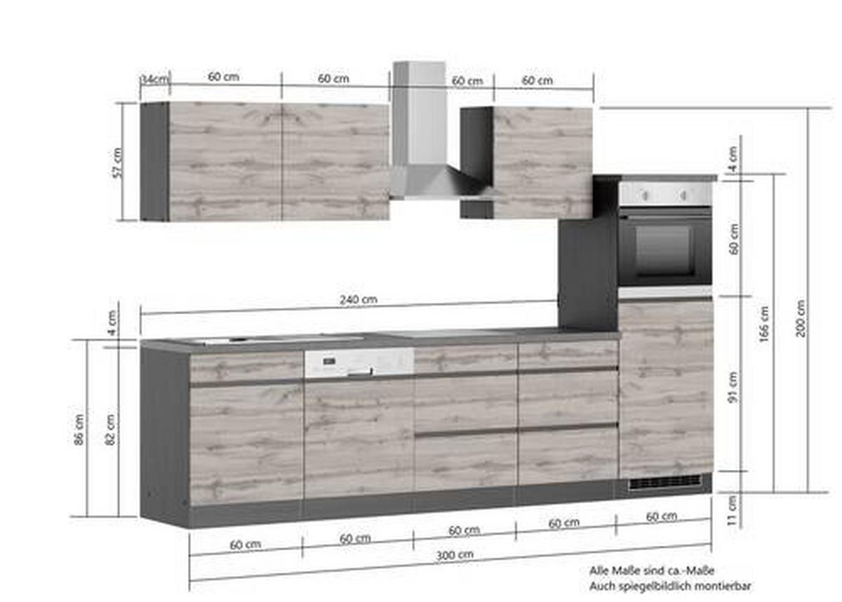 Küchenzeile Turin mit Geräten ca. 300 cm Graphit/Eiche - Eiche Wotan/Graphitfarben, Design, Holzwerkstoff (300cm) - Held