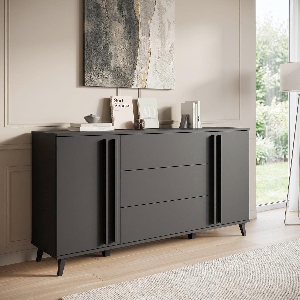 Sideboard Helsinki 150 Schwarz ca. 150x77,8x39,5cm - Schwarz, Trend, Holzwerkstoff/Kunststoff (150/77,8/39,5cm) - P & B