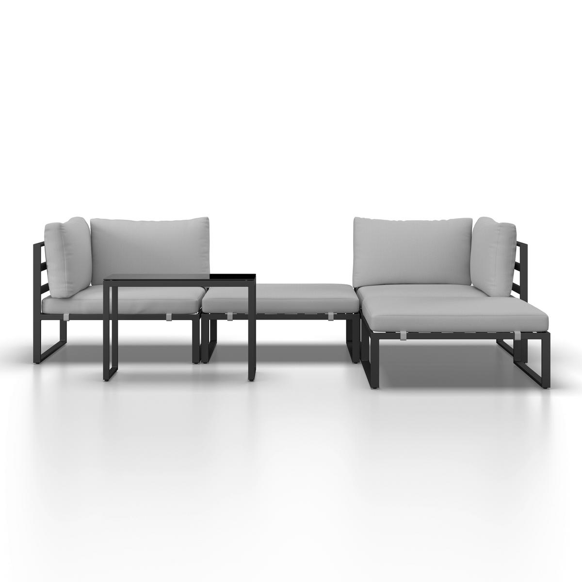 Loungegarnitur Valentina Grau Metall/Outdoorstoff +Abdeckung - Schwarz/Grau, MODERN, Glas/Textil (90/65/74cm) - Bessagi Garden