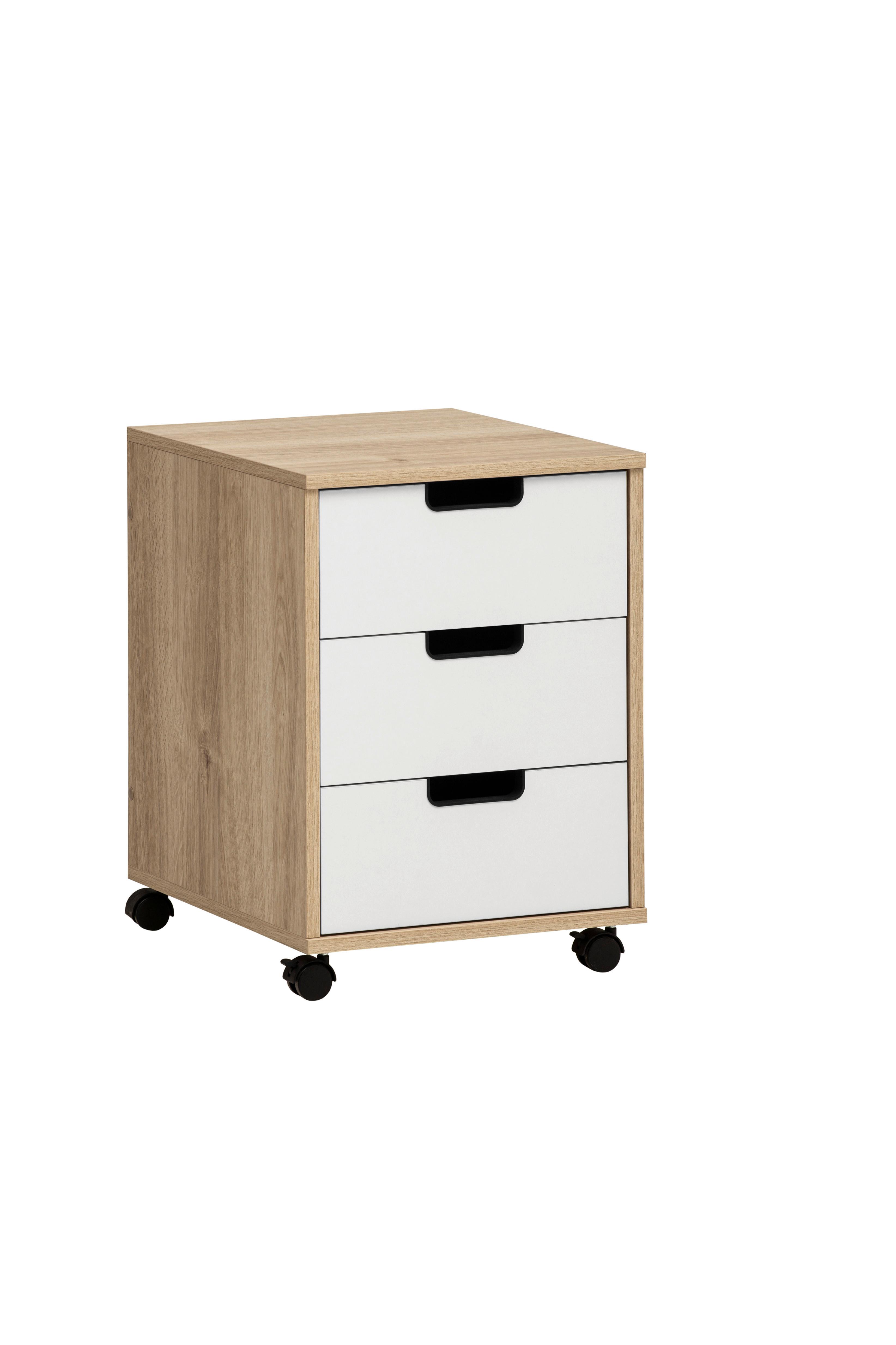 Rollcontainer Emmik Weiß/Eichefarben - Eichefarben/Schwarz, MODERN, Holzwerkstoff/Kunststoff (40,1/57/50cm) - MID.YOU