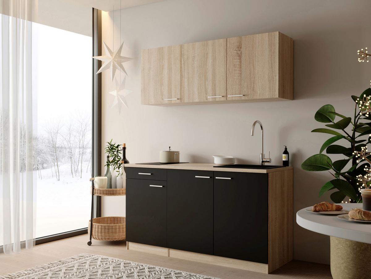 Miniküche Ingrid m. Gerät ca. 150cm Schwarz - Eichefarben/Schwarz, Design, Holzwerkstoff/Kunststoff (150cm) - Respekta