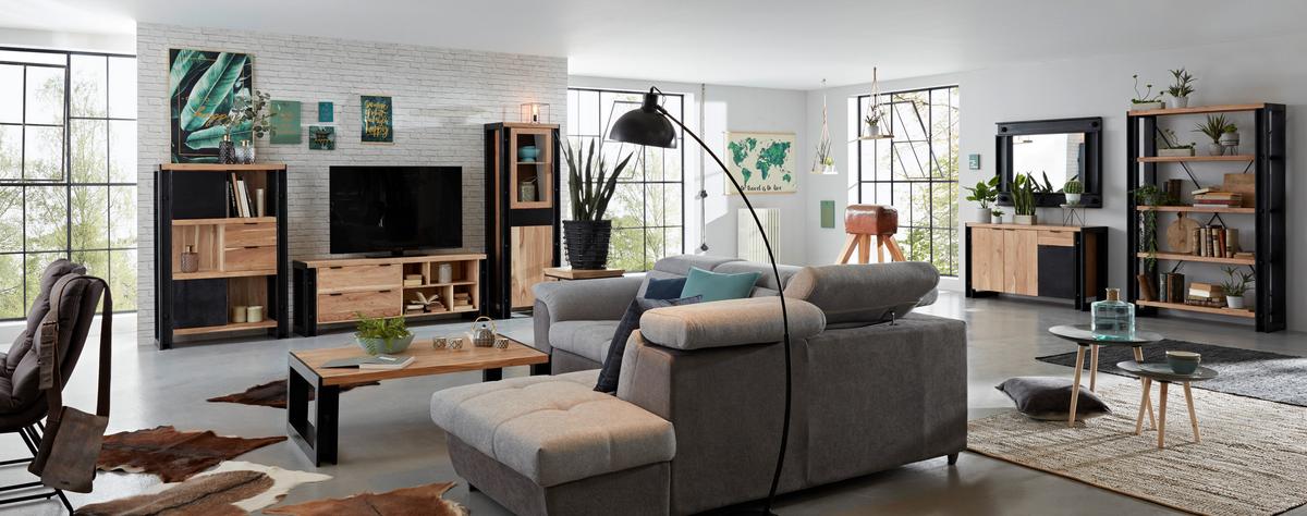 Vitrina Construction - črna/naravne barve, Trendi, kovina/steklo (60/180/40cm) - Zandiara