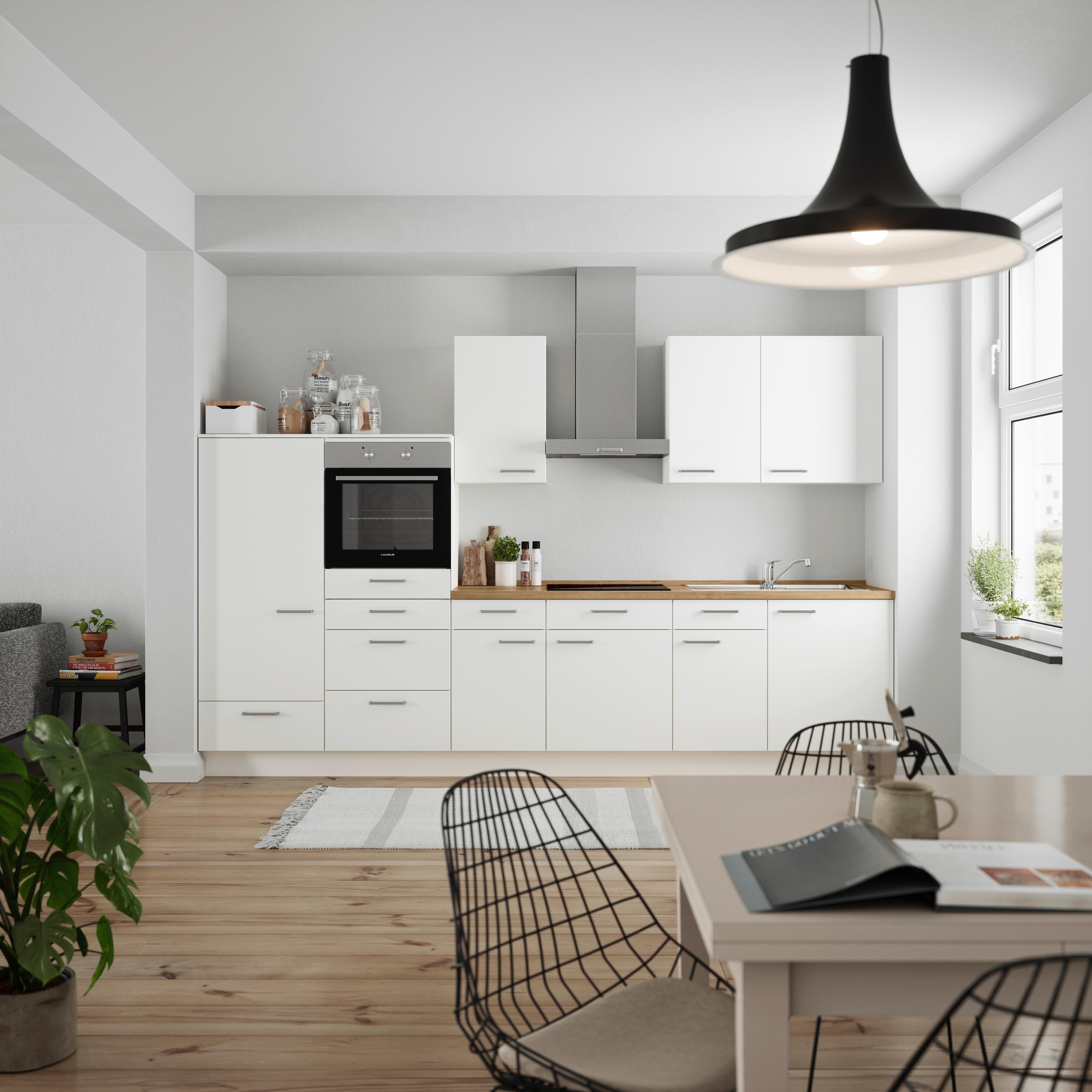 Küchenleerblock Touch Low o. Geräte Weiß - Edelstahlfarben/Eichefarben, MODERN, Holzwerkstoff/Metall (330cm) - Nobilia