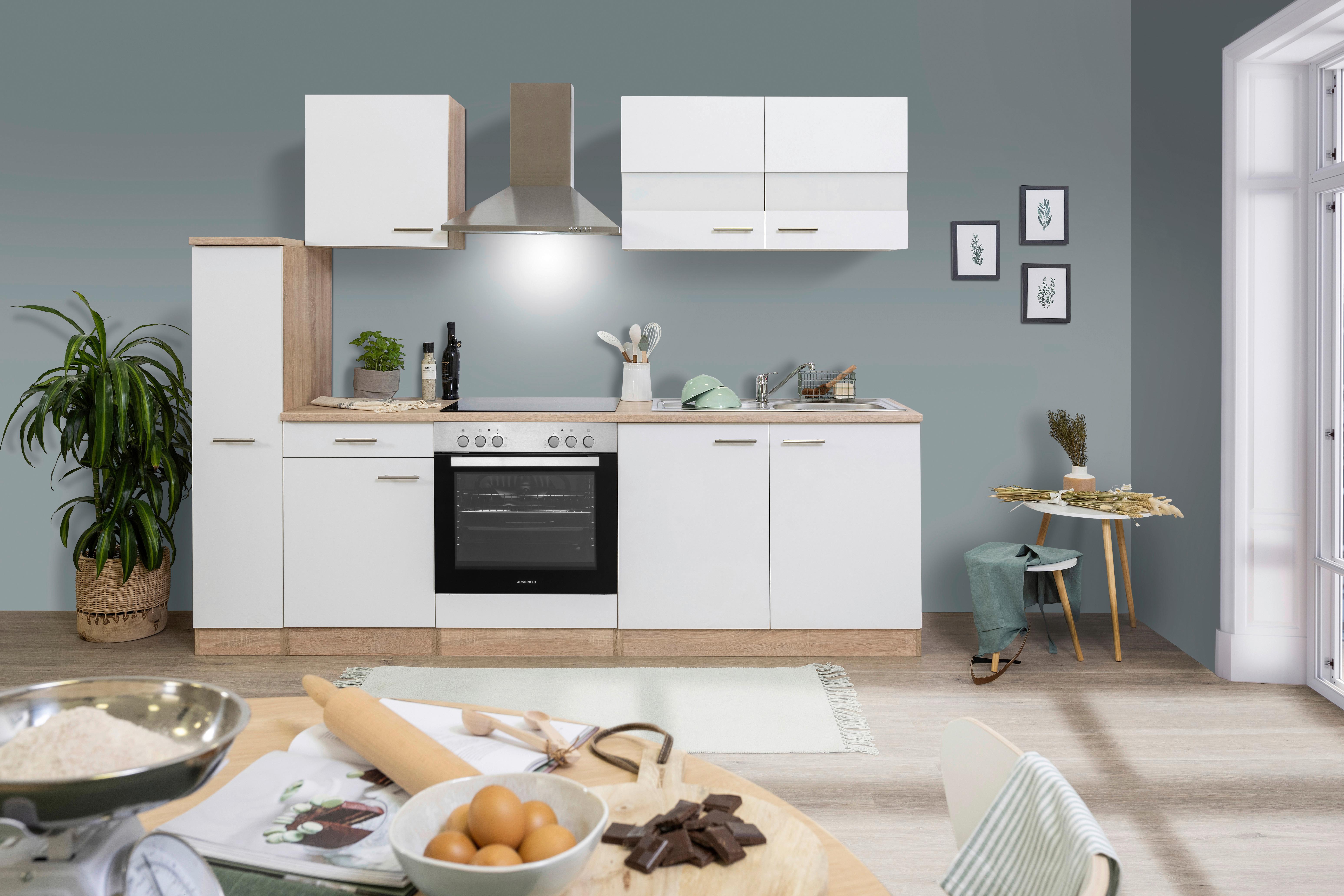 Küchenblock Merle mit Geräten ca. 240 cm Weiß - Edelstahlfarben/Eichefarben, Basics, Holzwerkstoff/Metall (240cm) - Respekta