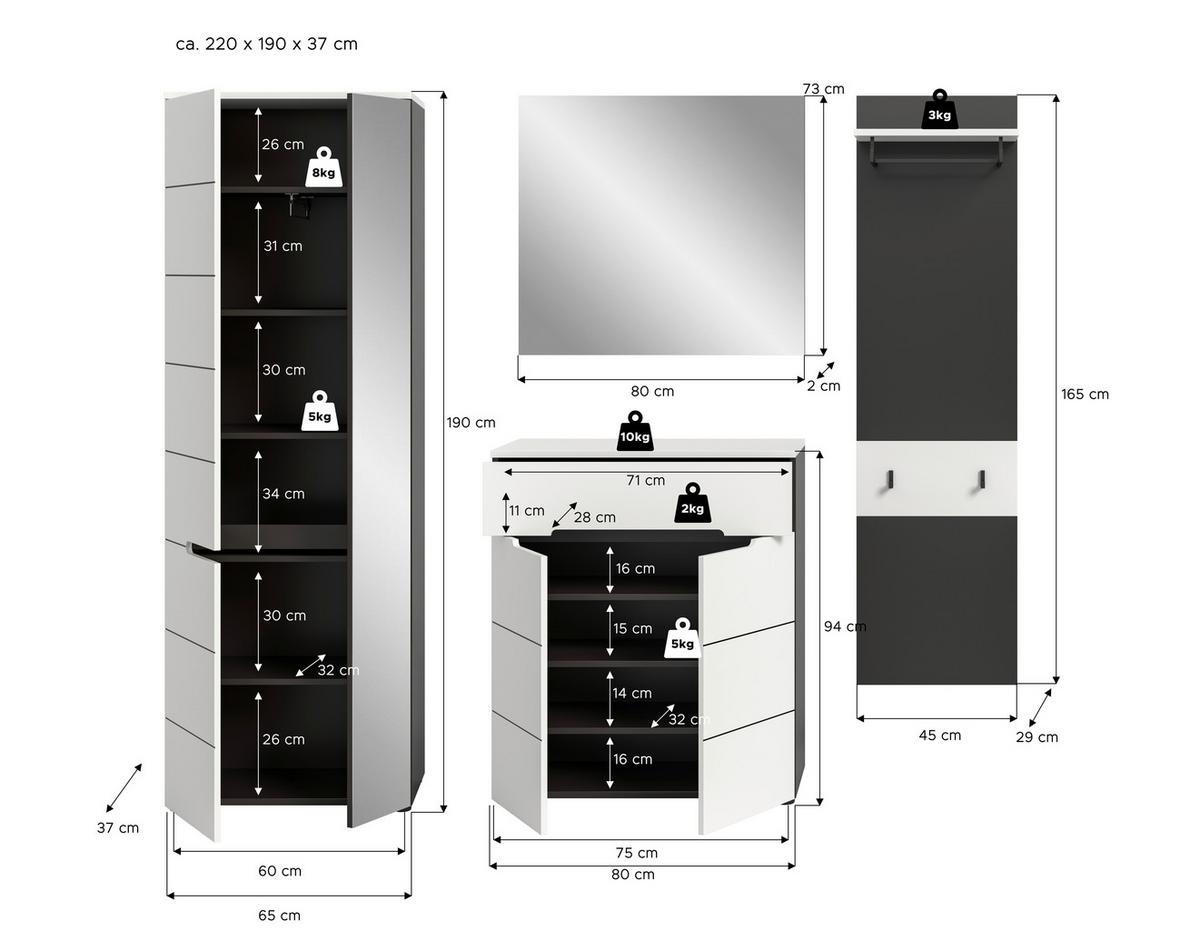 Predsoba Canu, Bela, Siva, 4-Delna - bela, Design, leseni material (220/190/37cm) - Livetastic