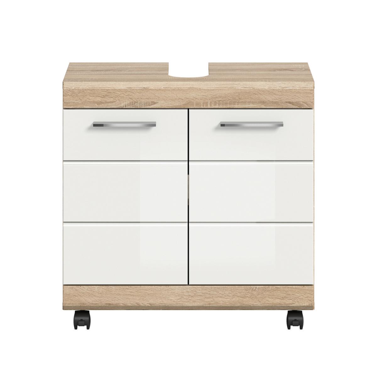 Waschbeckenunterschrank Lambada Weiß HG/Sonoma Eiche - Weiß Hochglanz/Silberfarben, Trend, Holzwerkstoff/Kunststoff (60/60/34cm) - MID.YOU