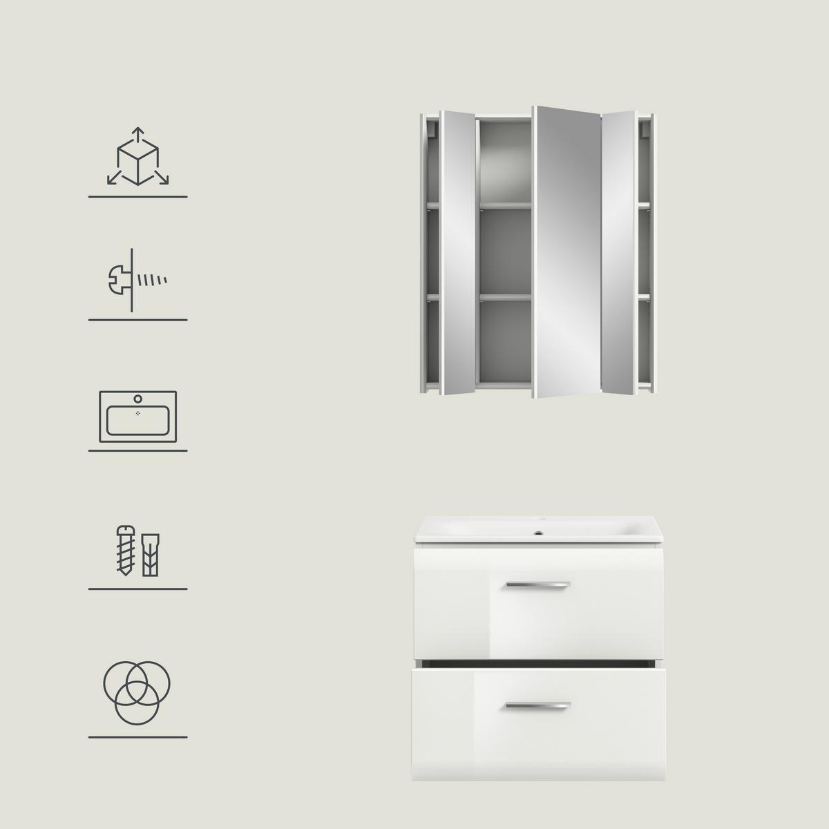 Badezimmer Ice 2-tlg. ca. 60 cm Weiß - Weiß Hochglanz/Silberfarben, MODERN, Keramik/Holzwerkstoff (60cm) - MID.YOU