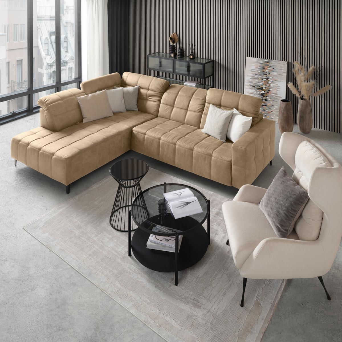 Ecksofa Panama links Beige - Beige/Schwarz, KONVENTIONELL, Textil/Metall (216/89-102/304cm) - Premium Living