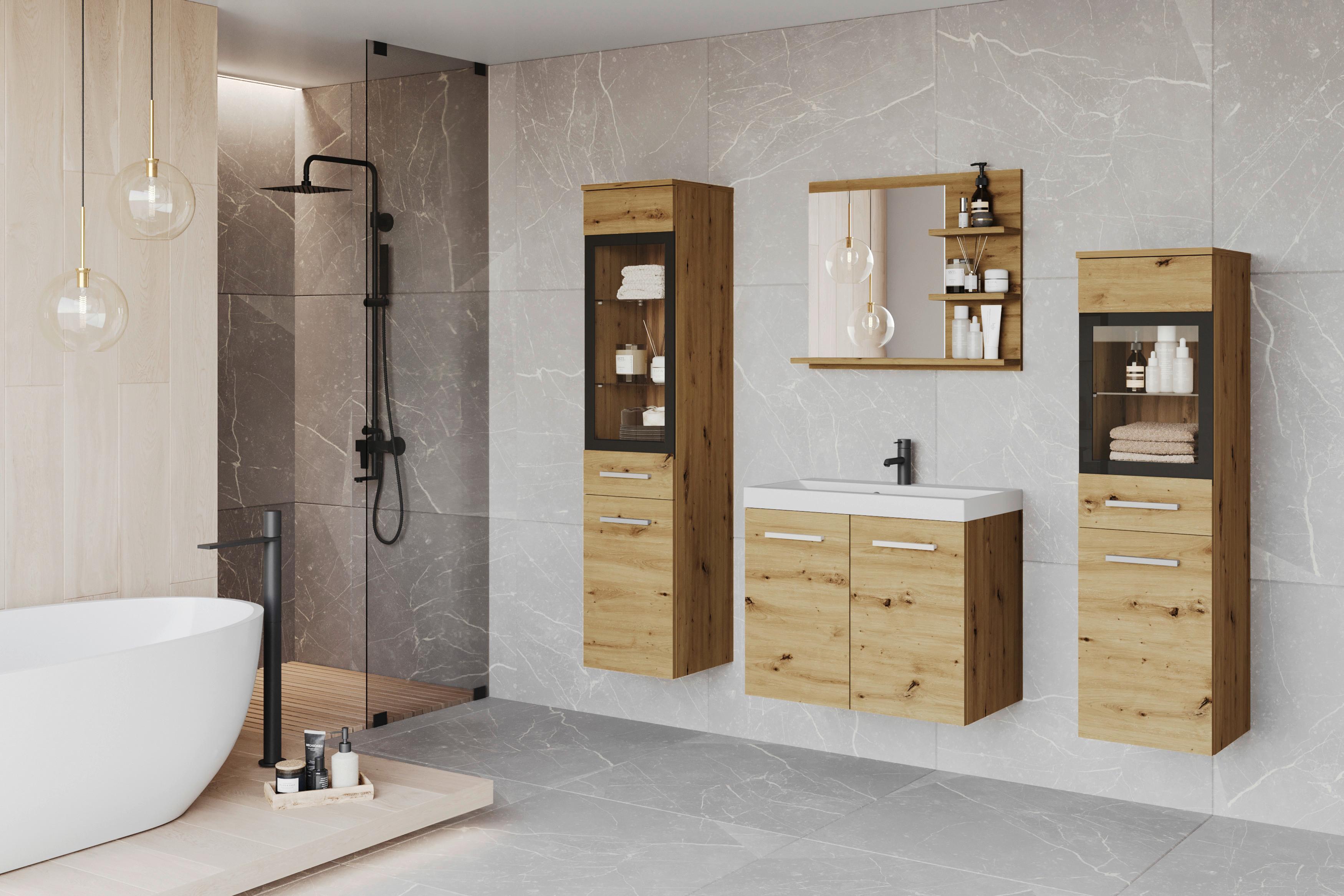 Badmöbel-Set 5-tlg. Madrit mit LED ca. 120 cm Eiche Artisan - Eiche Artisan/Weiß, LIFESTYLE, Glas/Holzwerkstoff (120cm) - P & B