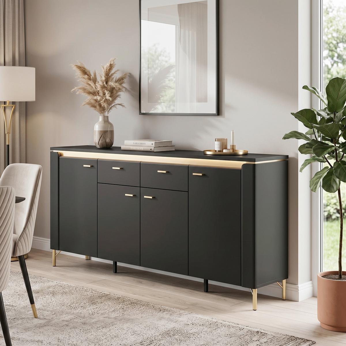 Comodă Norica - auriu/negru, Trend, material pe bază de lemn (200,3/87,3/40cm) - Modern Living