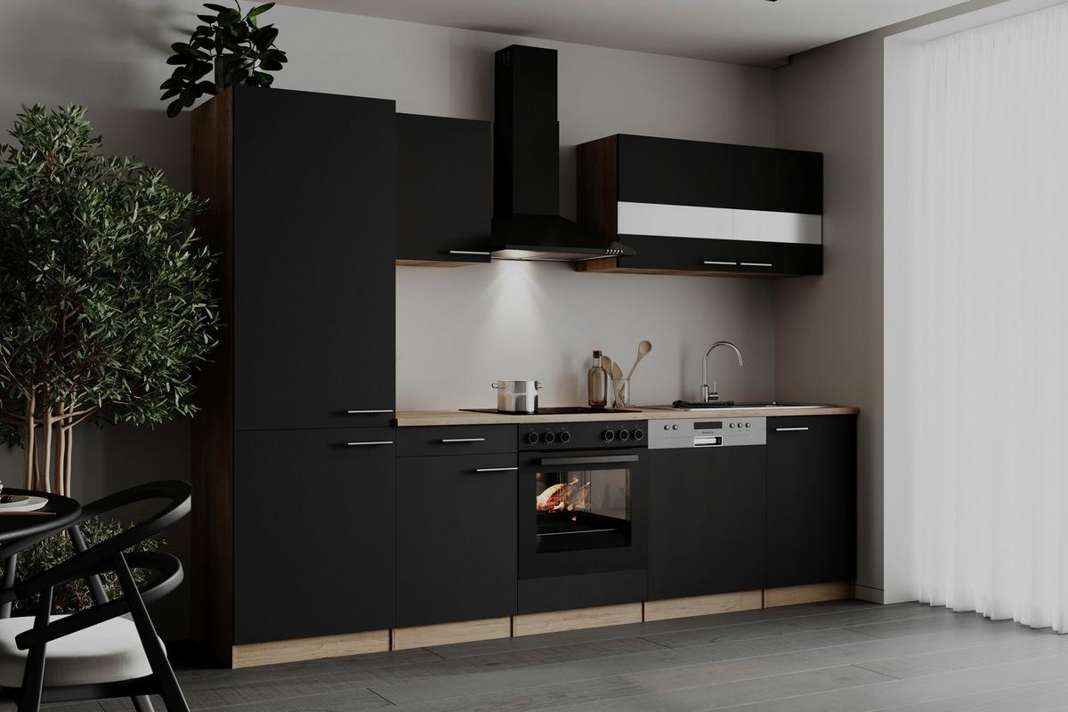 Küchenblock Merle m. Geräten Schwarz - Edelstahlfarben/Eichefarben, Basics, Holzwerkstoff/Metall (280cm) - Respekta