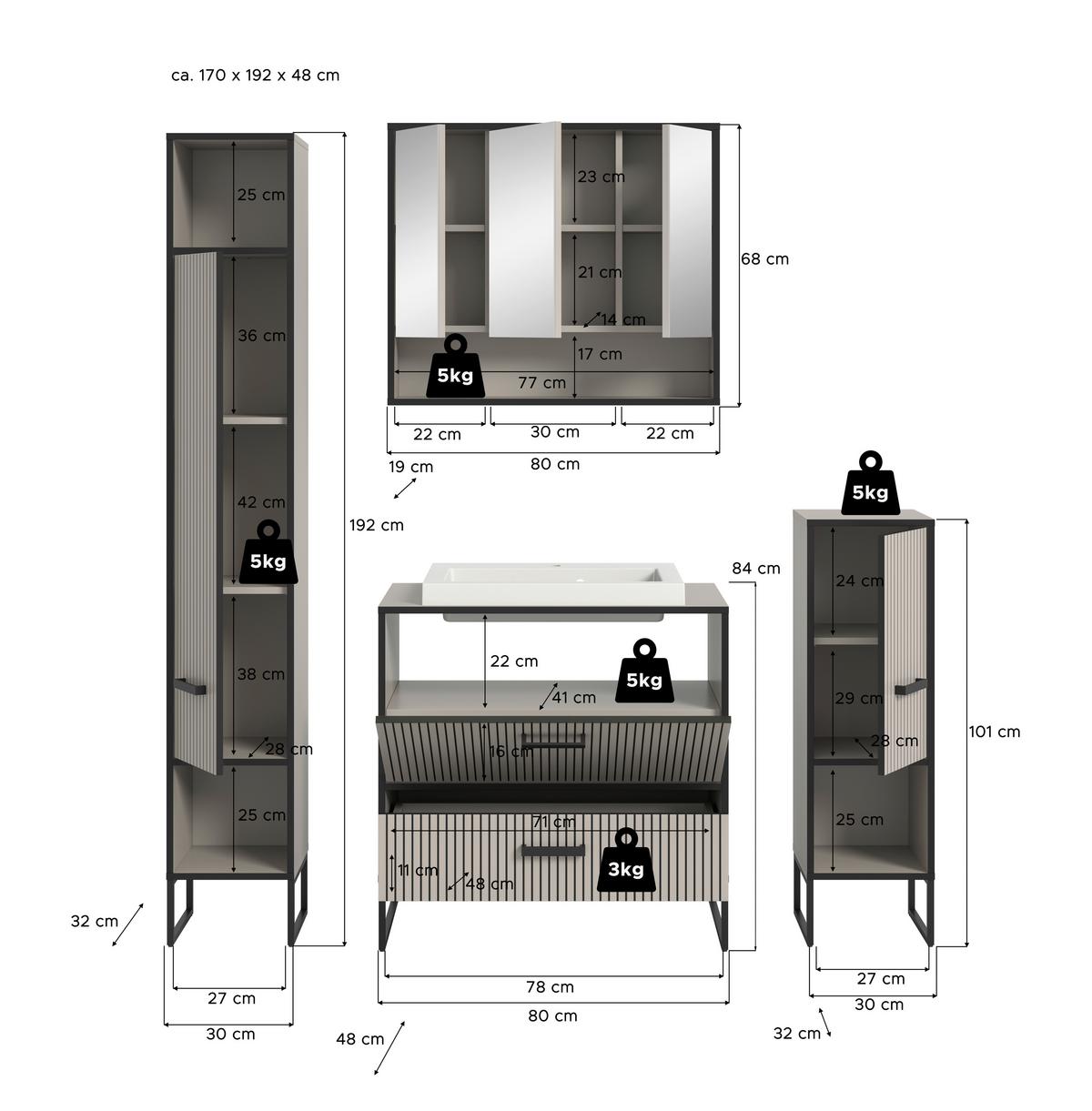 Badezimmer BAGNO 4-teilig ca.140cm Kaschmir - Kaschmir/Schwarz, MODERN, Holzwerkstoff/Metall (140cm) - MID.YOU