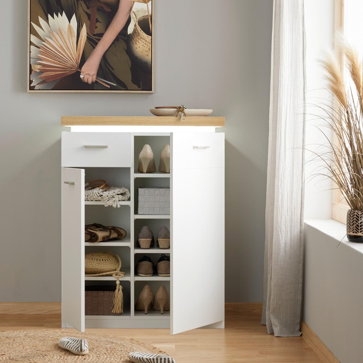 Schuhschrank in Weiß/Eichefarben - Eichefarben/Weiß, MODERN, Holzwerkstoff/Metall (75/99/38cm) - Premium Living