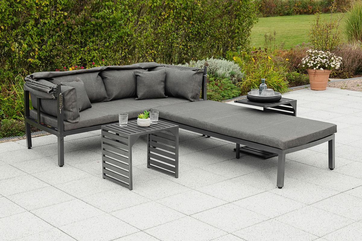 Loungegarnitur 4-tlg. Argos Metall/Textil mit Kissen - Graphitfarben/Grau, KONVENTIONELL, Textil/Metall (175/148/80cm) - Gardenson