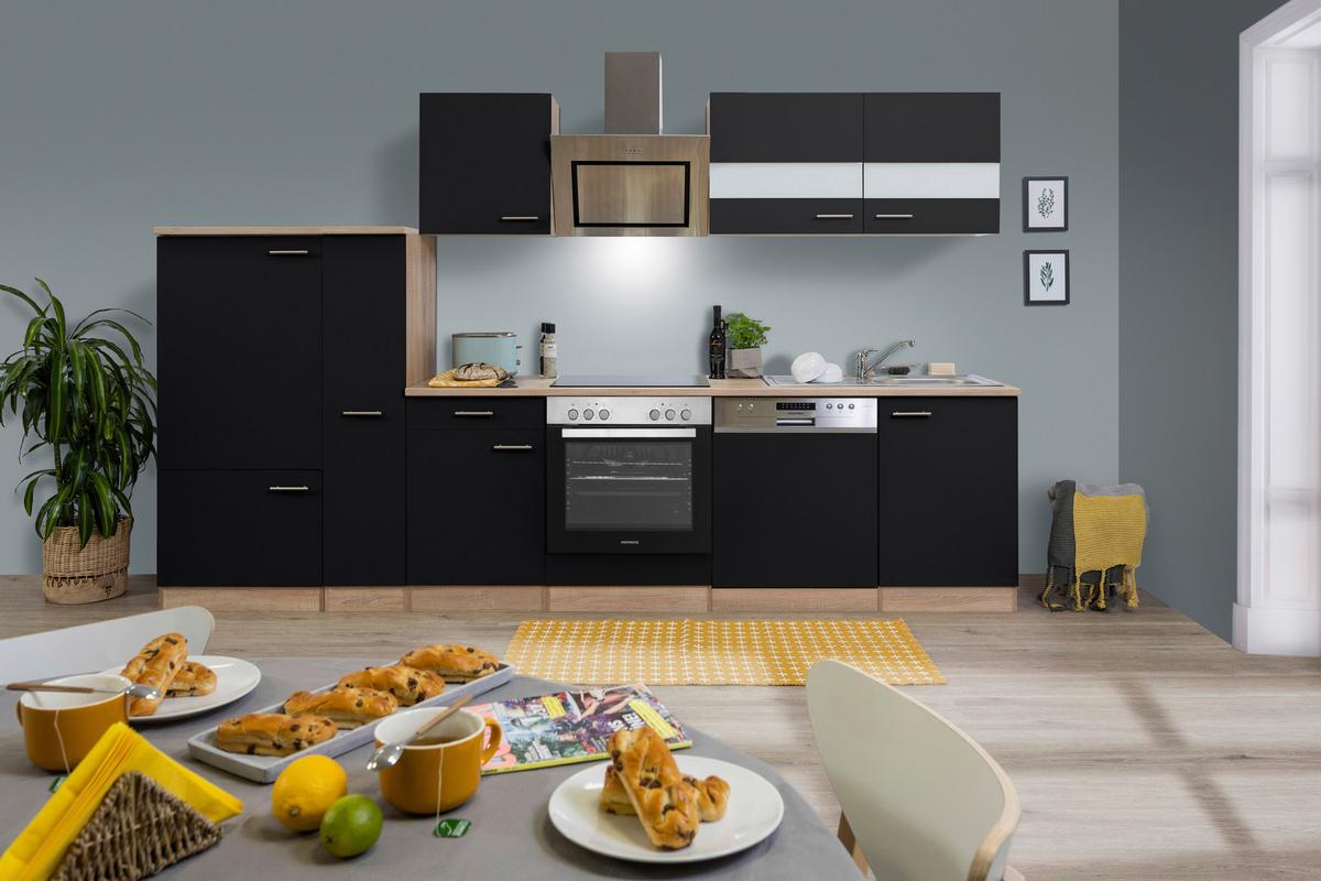 Küchenblock Merle mit Geräten ca. 310 cm Schwarz - Edelstahlfarben/Eichefarben, Basics, Holzwerkstoff/Metall (310cm) - Respekta