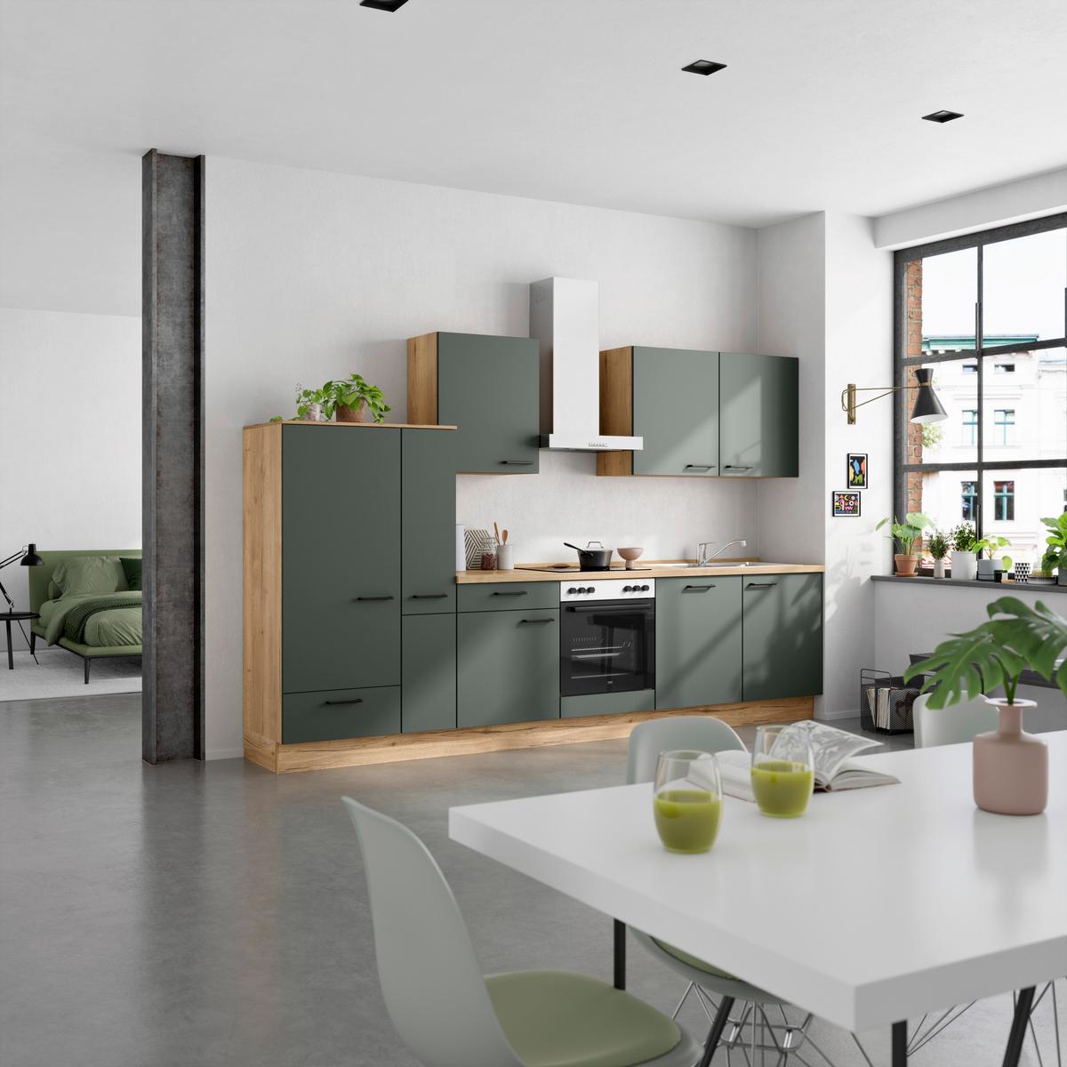 Küchenblock Easytouch Low m. Geräten Dunkelgrün - Dunkelgrün/Eichefarben, MODERN, Holzwerkstoff/Metall (330cm) - Nobilia