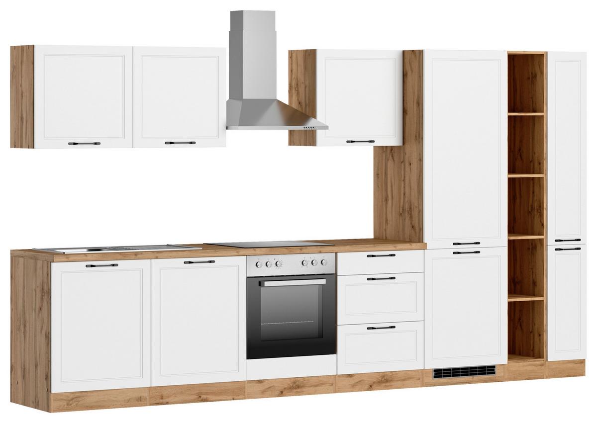 Küchenzeile Meran mit Geräten ca. 360cm Weiß/Eiche - Eiche Wotan/Schwarz, LIFESTYLE, Holzwerkstoff/Metall (360cm) - Held