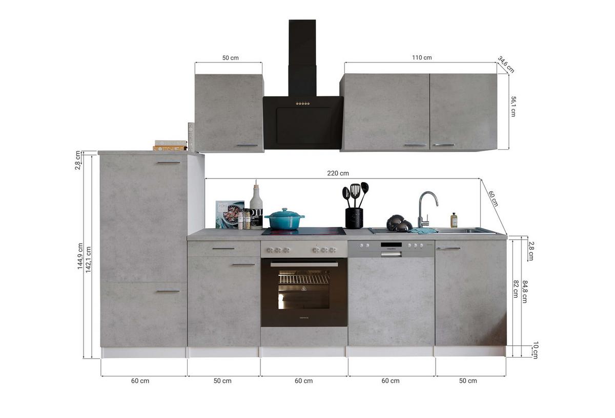 Kuhinjski Blok Z Aparati Malia, 280cm - barve nerjavečega jekla/siva, Basics, kovina/leseni material (280cm) - Respekta