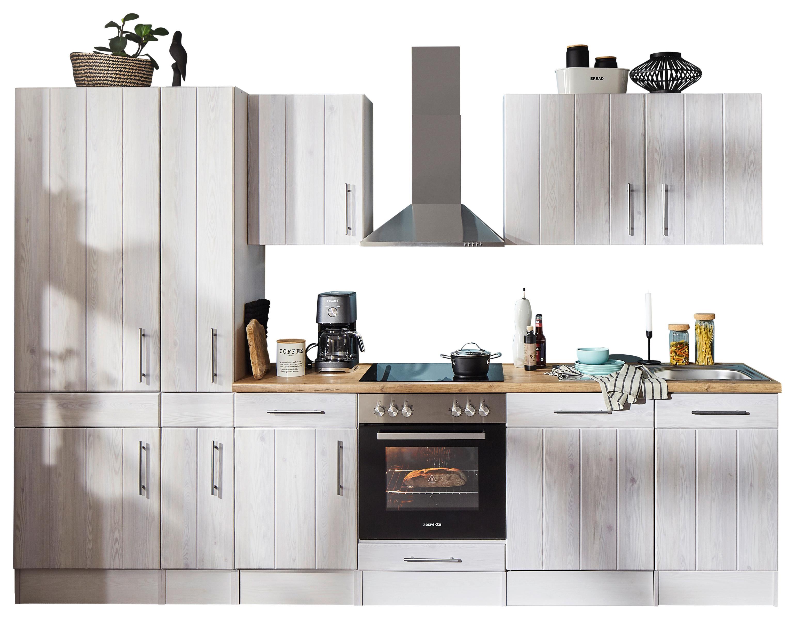 Küchenblock Anton Landhaus ohne Geräte ca. 310 cm Weiß - Wildeiche/Edelstahlfarben, Basics, Holzwerkstoff/Metall (310cm) - Respekta