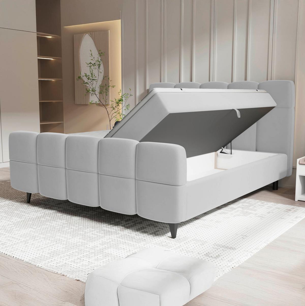 Boxbett Mona Hellgrau ca. 160x200cm - Hellgrau/Schwarz, KONVENTIONELL, Kunststoff/Textil (160/200cm) - Mömax