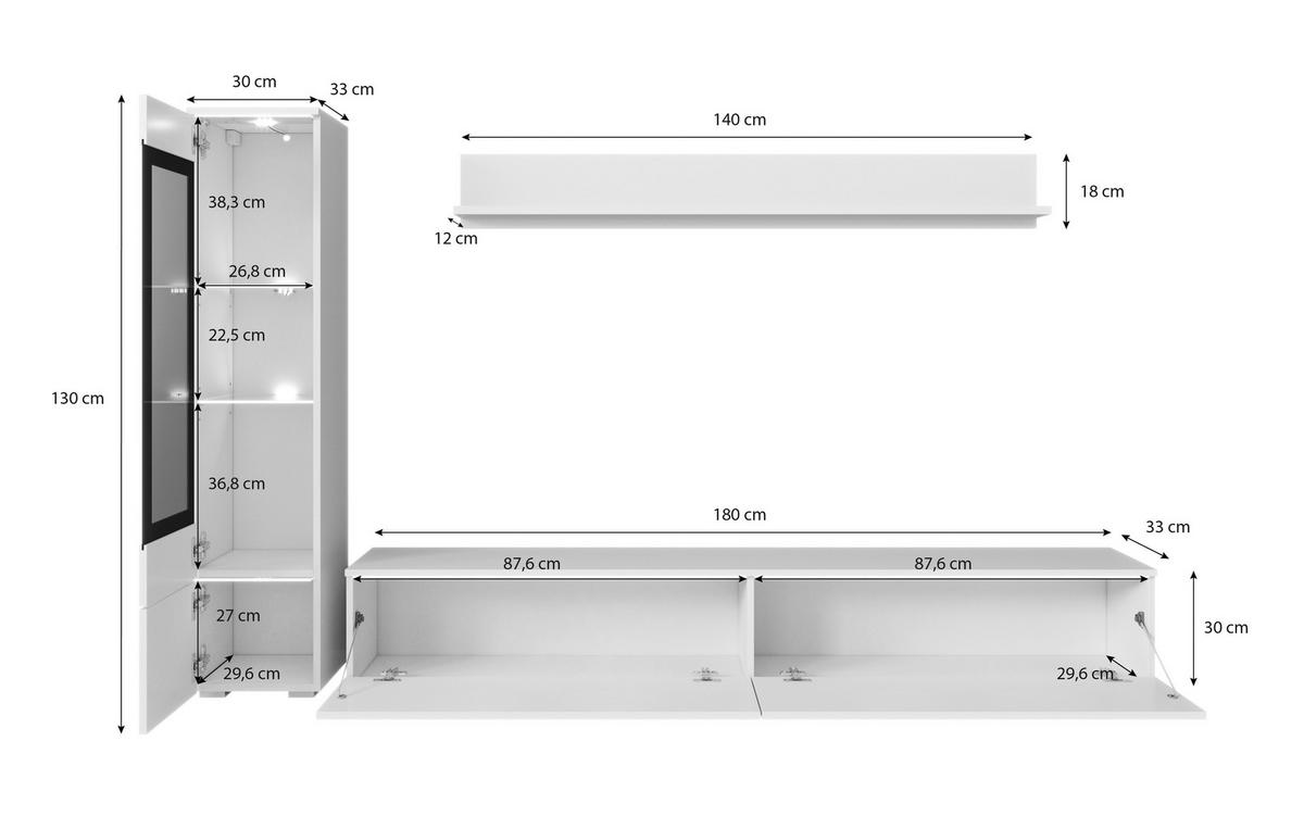 Dnevni Regal Vera, Antracit, Bela, 3-Delno, Led - siva/bela, Basics, umetna masa/steklo (210/130/33cm) - P & B