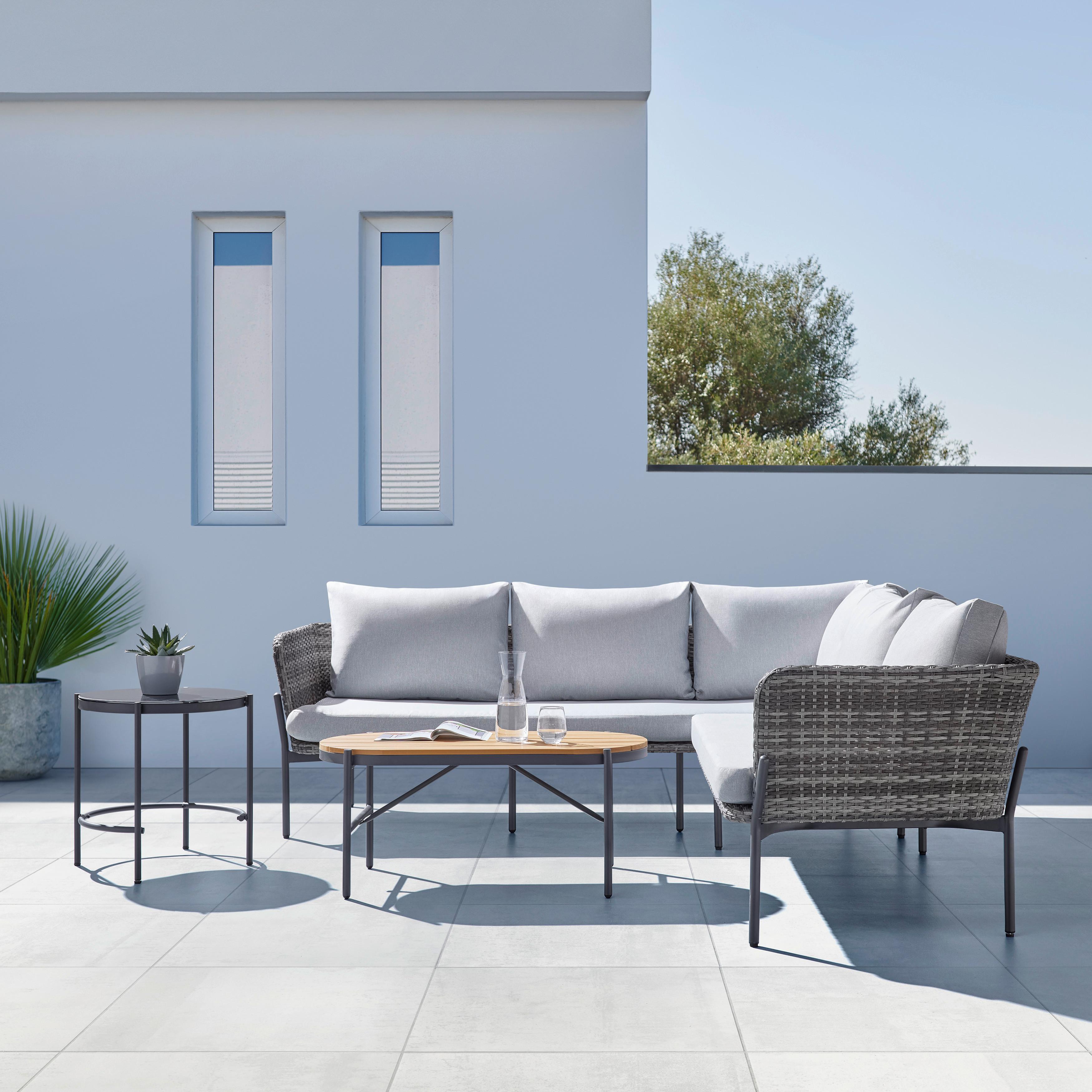 Loungegarnitur Zophia 2 Tische Outdoorgewebe - Dunkelgrau/Schwarz, Modern, Glas/Kunststoff (294/68/77cm) - Bessagi Garden