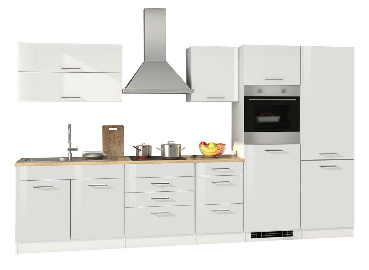 Küchenblock in Weiss inkl. E-Geräte 'Mailand' - Chromfarben/Weiß Hochglanz, Basics, Holzwerkstoff/Metall (350cm) - Held