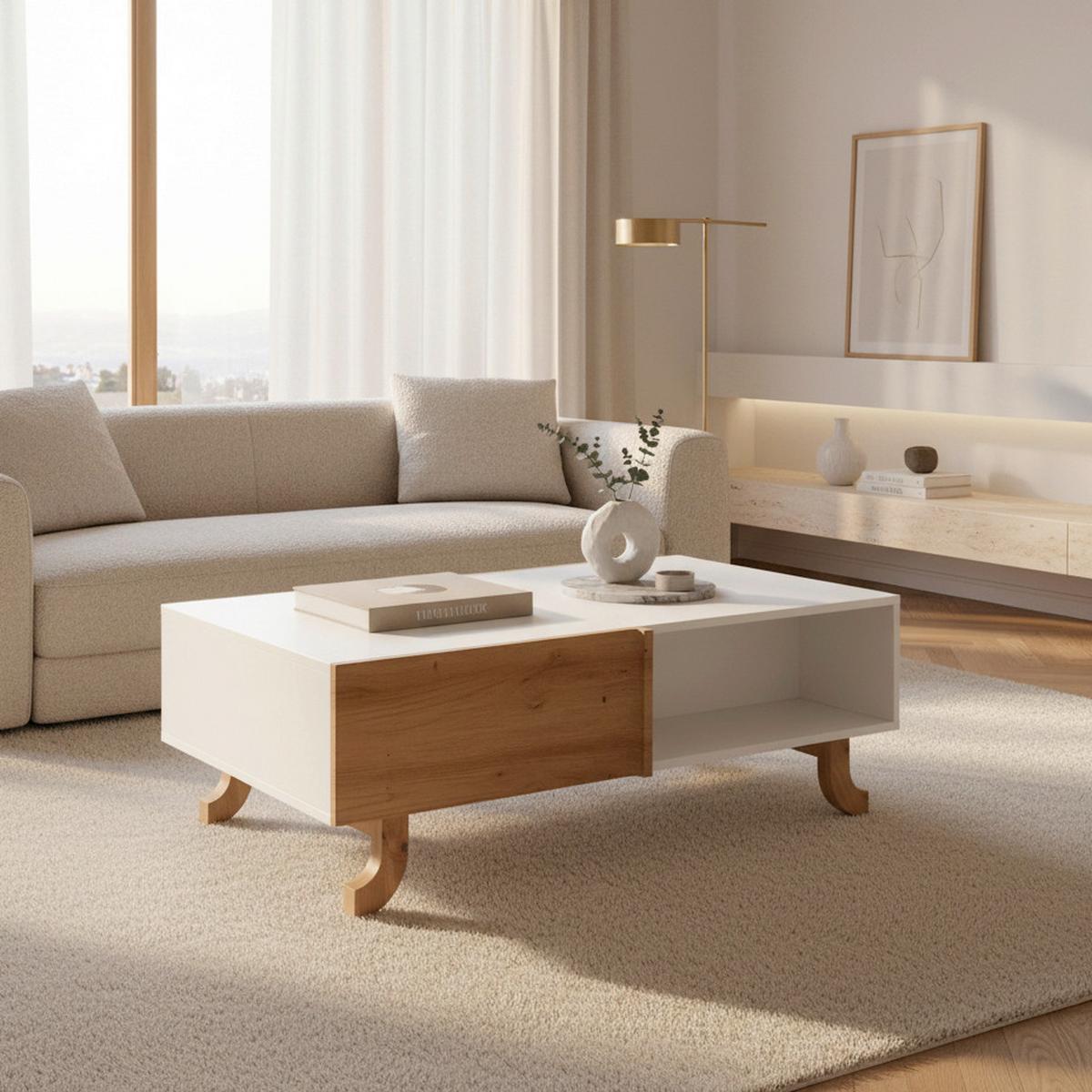 Couchtisch Vira Weiß/ Kieferfarben Echtholz - Weiß/Kieferfarben, MODERN, Holz (110/38/66cm) - Bessagi Home