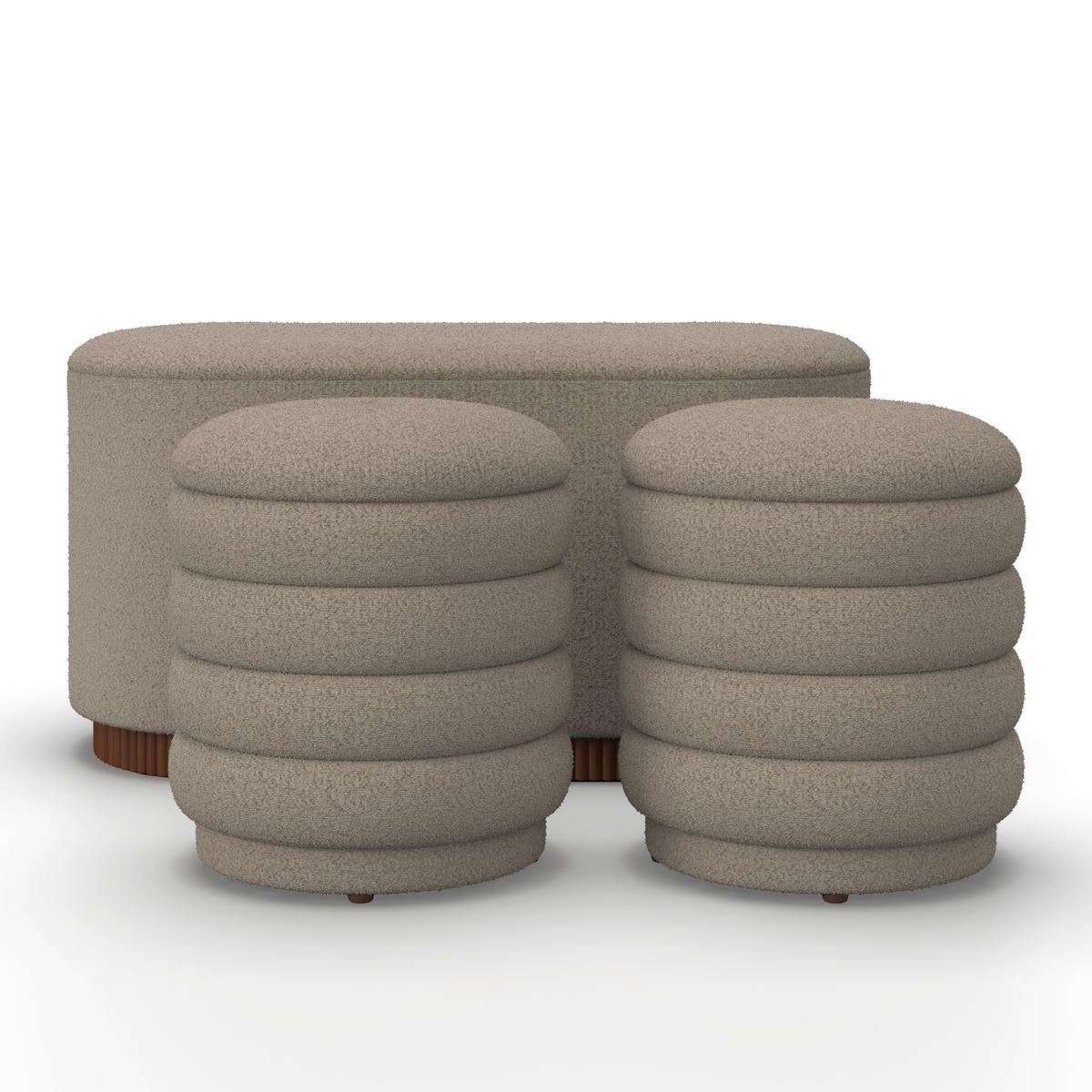 Sitzbank Nina mit Stauraum inkl. 2 Hocker Bouclé Beige - Beige/Naturfarben, MODERN, Holz/Holzwerkstoff - Bessagi Home
