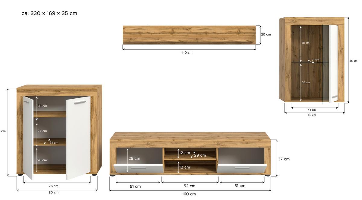 ANSAMBLU MOBILIER CAMERA DE Z JAM - stejar Wotan, Design, sticlă/material pe bază de lemn (330/169/35cm) - Modern Living