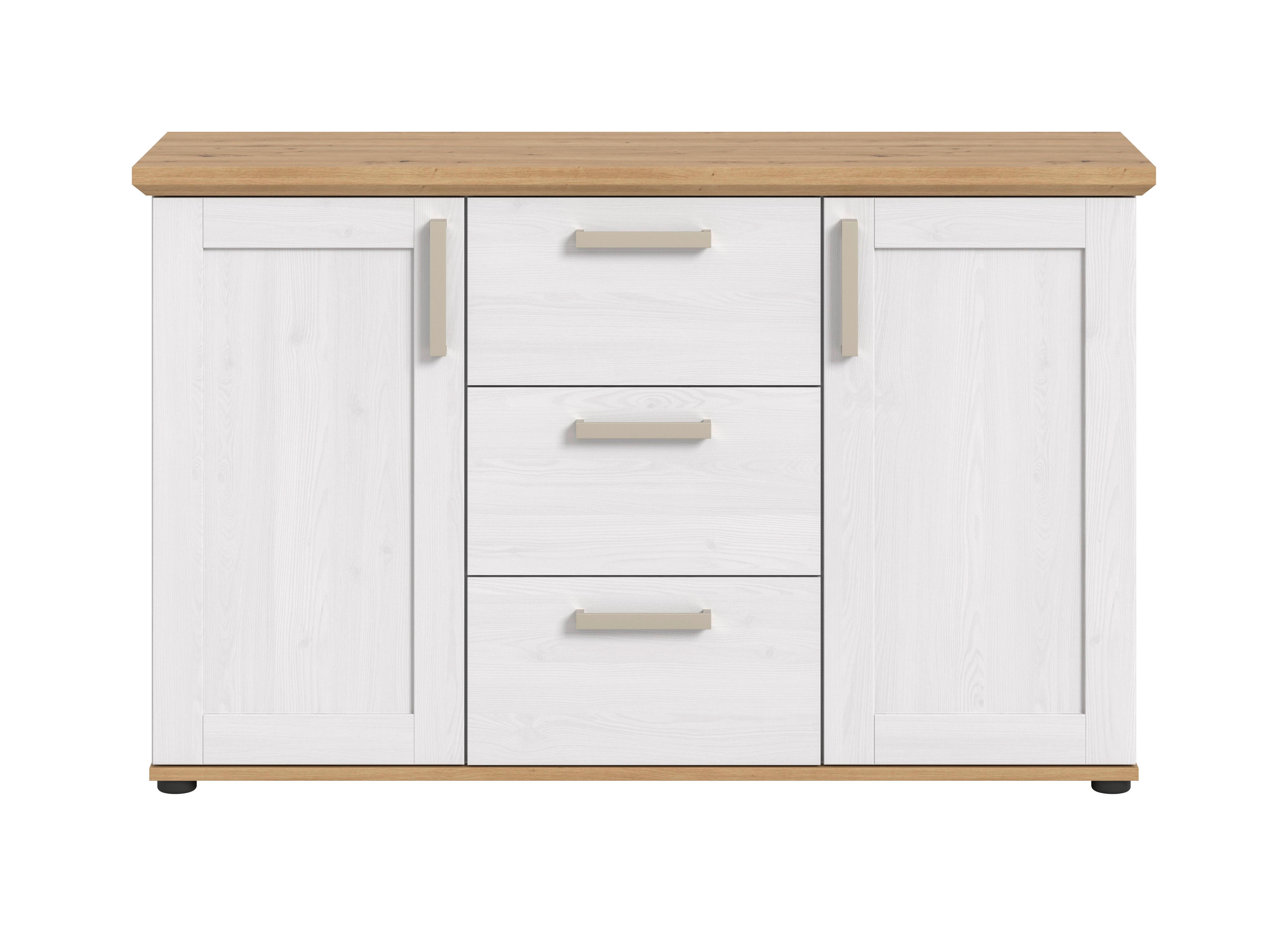 Široka Komoda Verona, Bela, Barva Macesna - srebrne barve/črna, Design, umetna masa/leseni material (129/80/40cm) - Livetastic