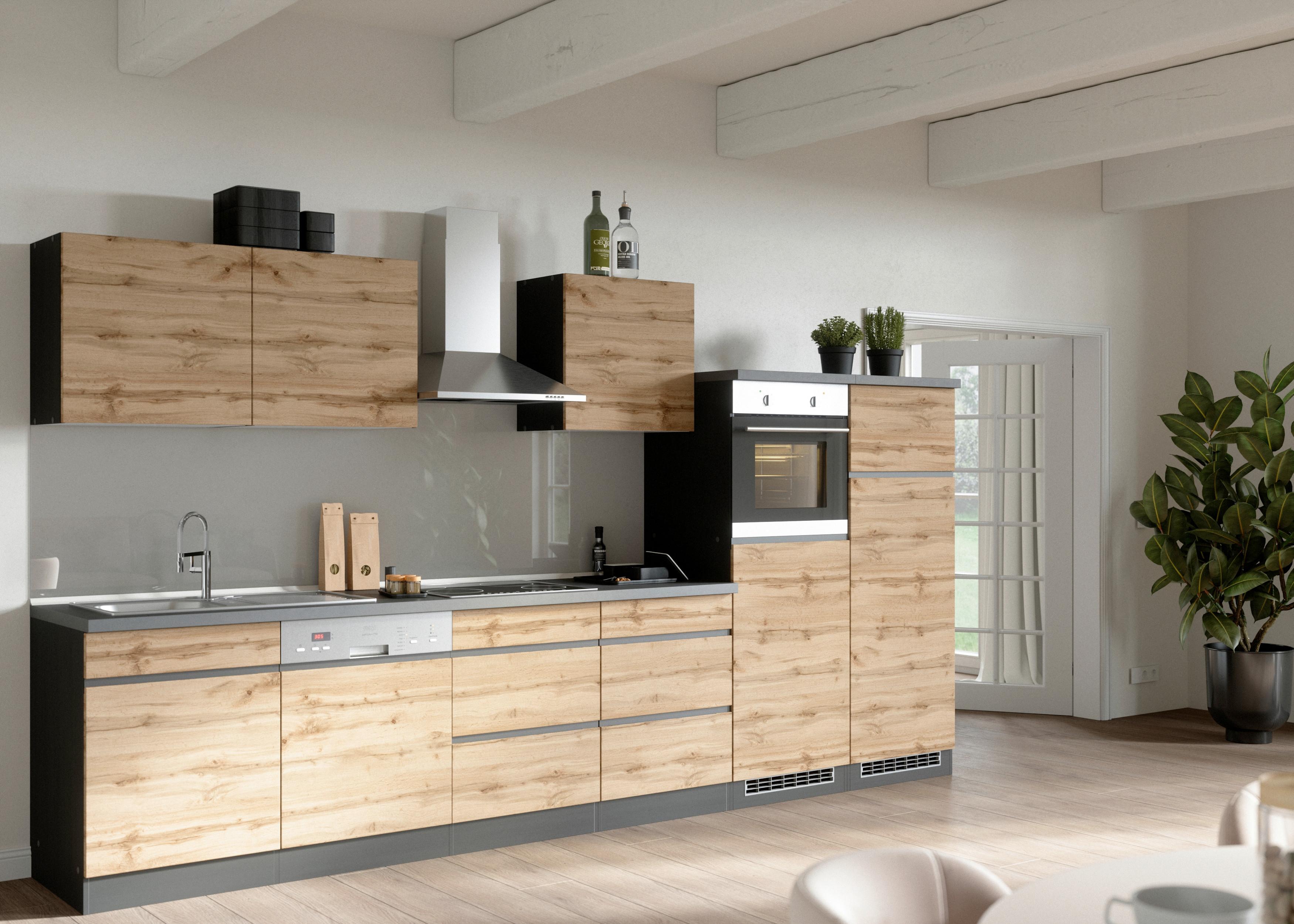 Küchenzeile Turin ohne Geräte ca. 360 cm Graphit/Eiche - Eiche Wotan/Graphitfarben, Design, Holzwerkstoff (360cm) - Held