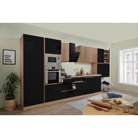 Küchenzeile Premium m. Geräte Schwarz/Eiche B: ca. 445 cm - Schwarz Hochglanz/Eichefarben, Basics, Holzwerkstoff (445cm) - Respekta