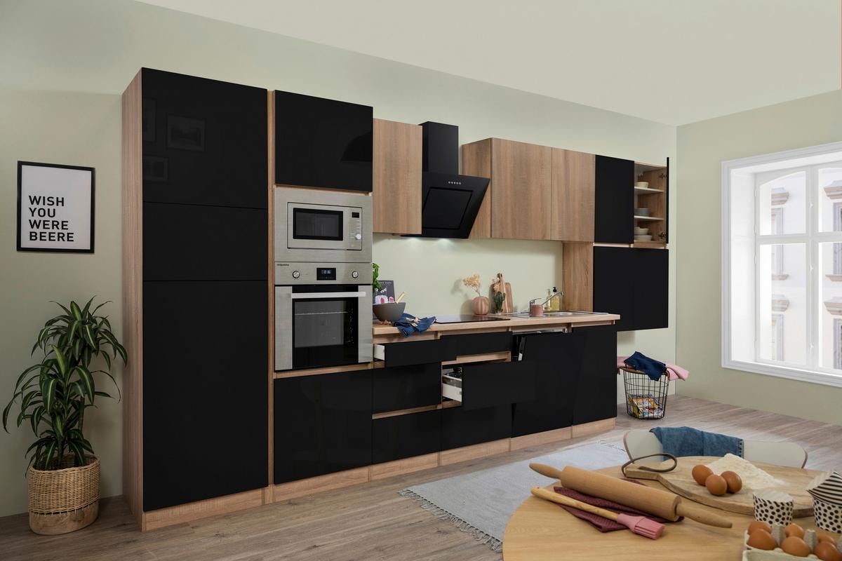 Küchenzeile Premium m. Geräte Schwarz/Eiche B: ca. 445 cm - Schwarz Hochglanz/Eichefarben, Basics, Holzwerkstoff (445cm) - Respekta