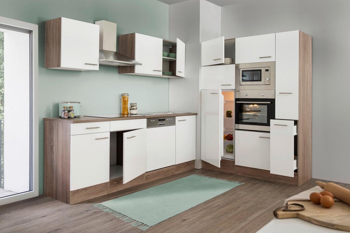 Küchenblock mit Geräten ca. 370 cm Weiß/Eichenfarbe - Eichefarben/Weiß, MODERN, Holzwerkstoff (370cm) - Respekta