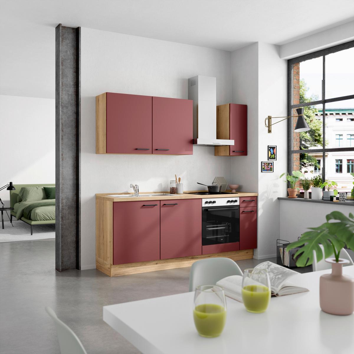 Küchenblock Easytouch Low m. Geräten Dunkelrot - Eichefarben/Schwarz, MODERN, Holzwerkstoff/Metall (210cm) - Nobilia