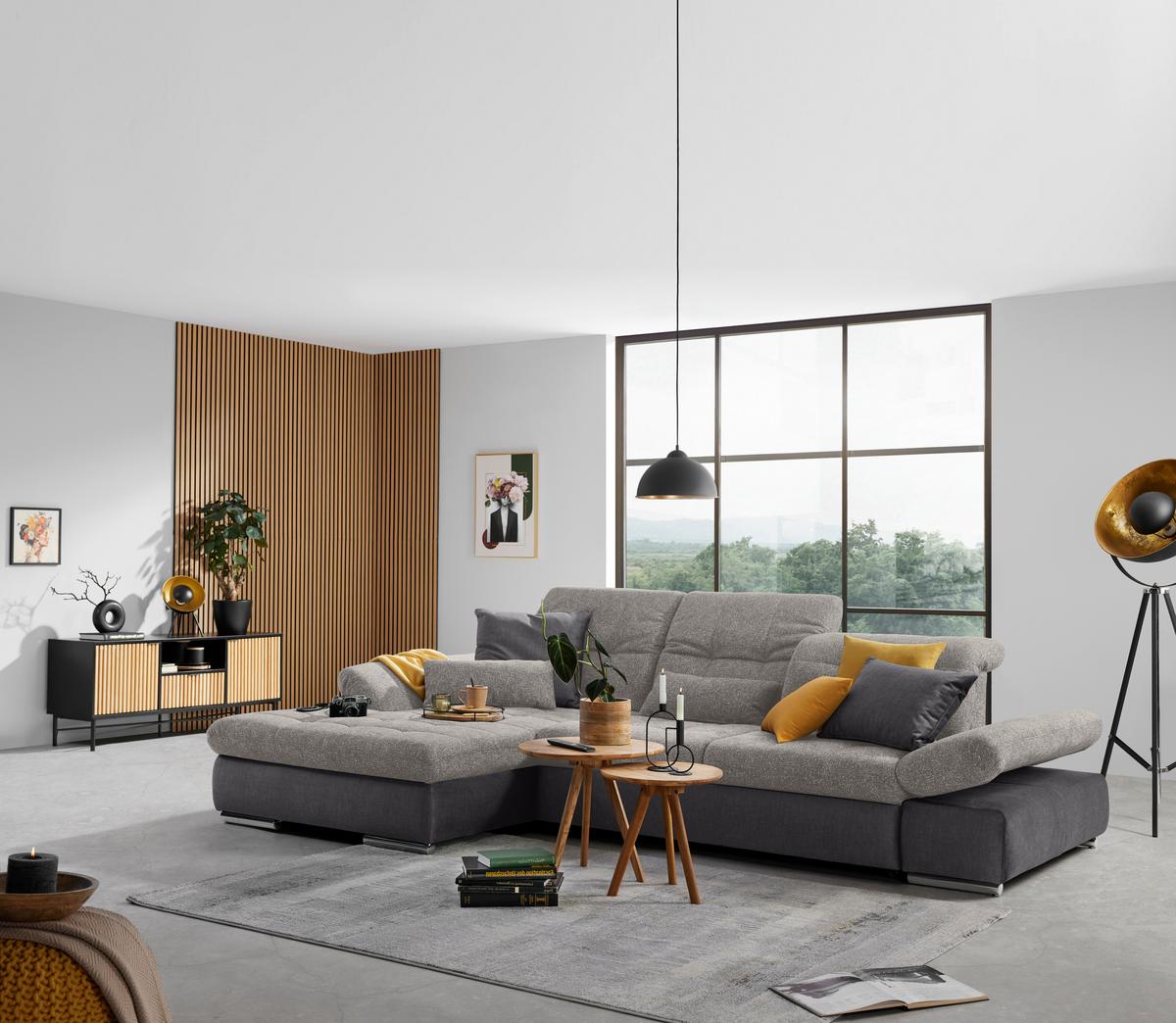 Wohnlandschaft Sanfino Silberfarben/Dunkelgrau - Chromfarben/Dunkelgrau, KONVENTIONELL, Holz/Textil (199/79-96/305cm) - Premium Living