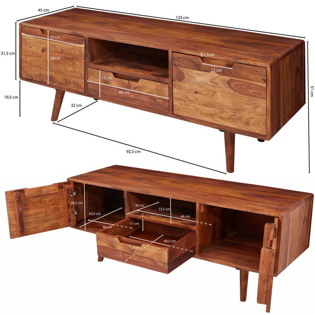 Komoda Mumbai, Pravi Les - barve indijskega rožnega lesa, Design, les (135/51/45cm) - MID.YOU