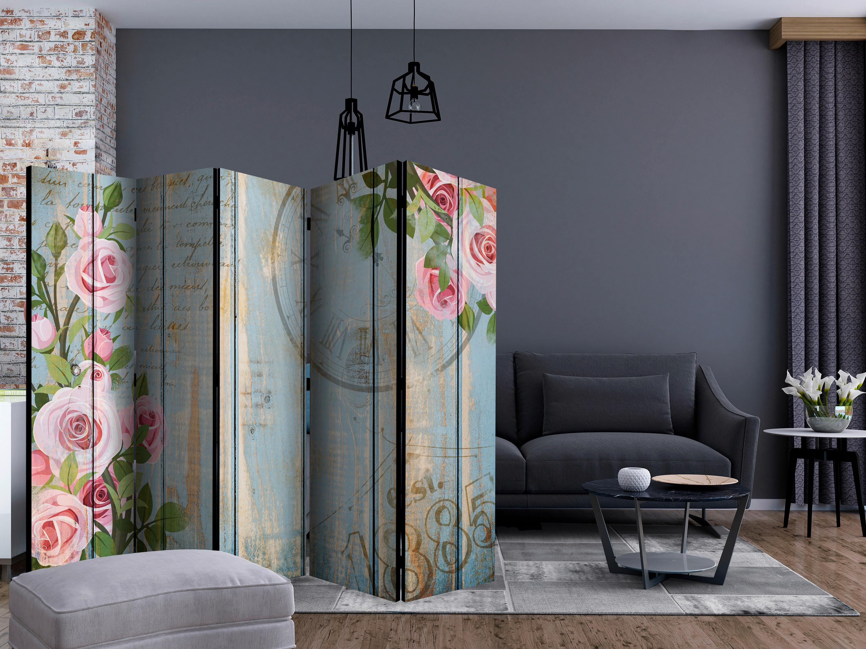 Paravan Vintage Garden Blue I, 5-Delni, Dvostranski - pink/pastelno modra, Basics, tekstil/les (225/172/3cm) - artgeist