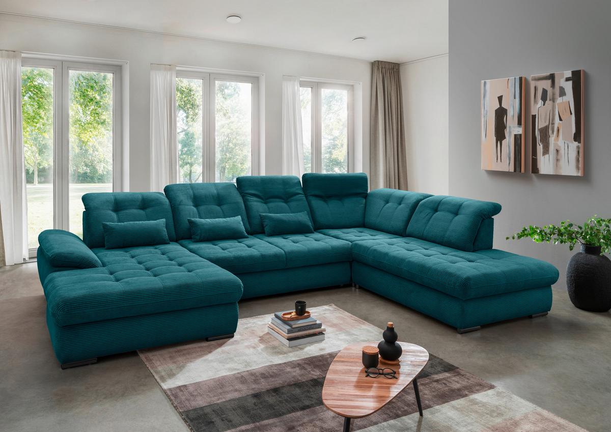 Wohnlandschaft Rigatti Petrol Cord mit Bettkasten - Petrol/Schwarz, MODERN, Textil/Metall (184/387/252cm) - Livetastic