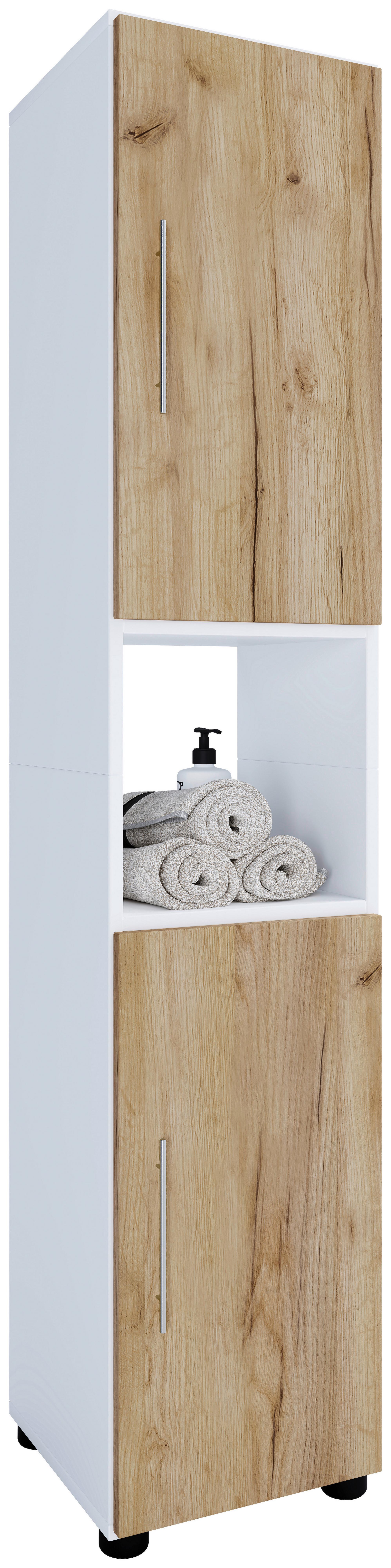 Hochschrank Flandu ca. 31x160 cm Honigeiche/Weiß - Honigeiche/Silberfarben, MODERN, Holzwerkstoff/Kunststoff (31/160/30cm) - MID.YOU