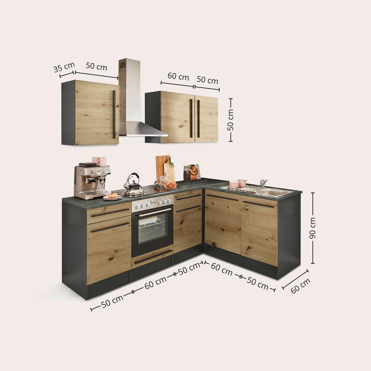 Eckküche Jazz mit Geräten ca.220x175cm Eiche/Anthrazit - Anthrazit/Schwarz, LIFESTYLE, Holzwerkstoff/Kunststoff (220/175cm) - P & B