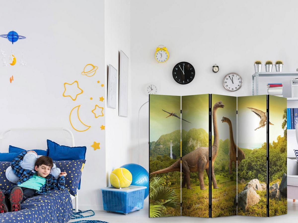 Paravan Dinosaurs I, 5-Delni, Dvostranski - svetlo rjava/zelena, Basics, tekstil/les (225/172/3cm) - artgeist