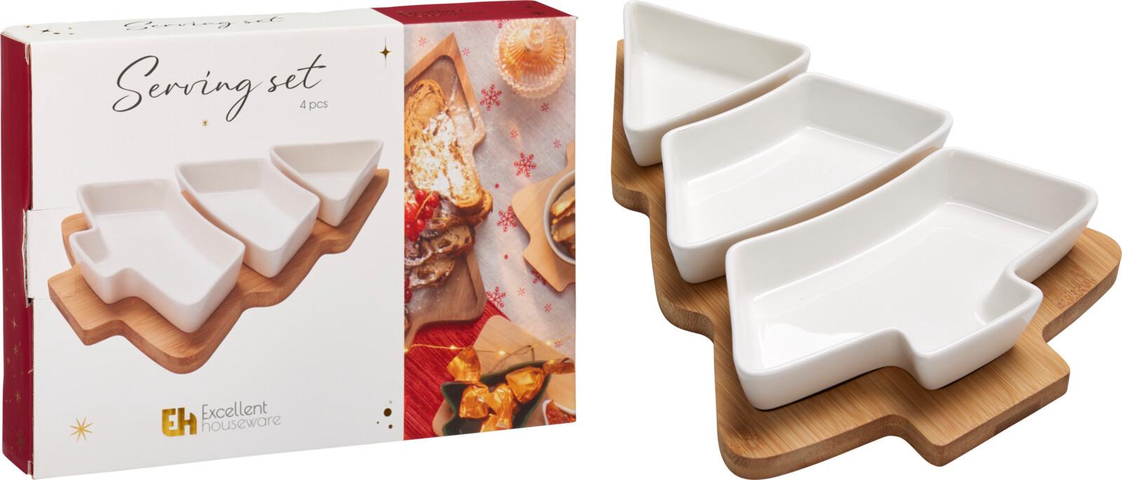 Set boluri pentru servire Blanche - alb/culoare natur, Basics, ceramică/lemn (20/27,6cm)
